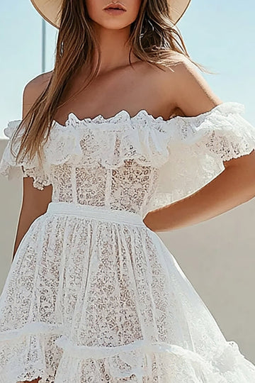 White Lace Off the Shoulder A Line High-Low Boho Graduation Dress